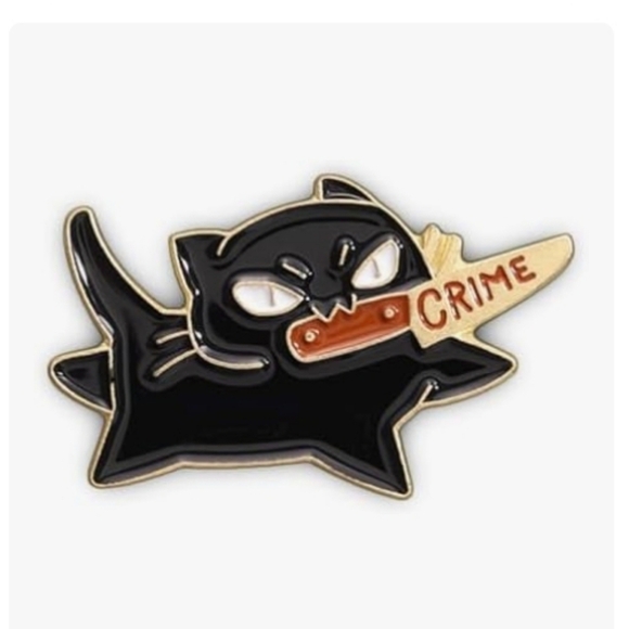 None Jewelry - Black Cat Enamel Pin with 'Crime' Knife